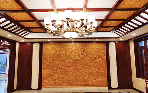 道真中式别墅客厅中式木作横梁吊顶装饰展示